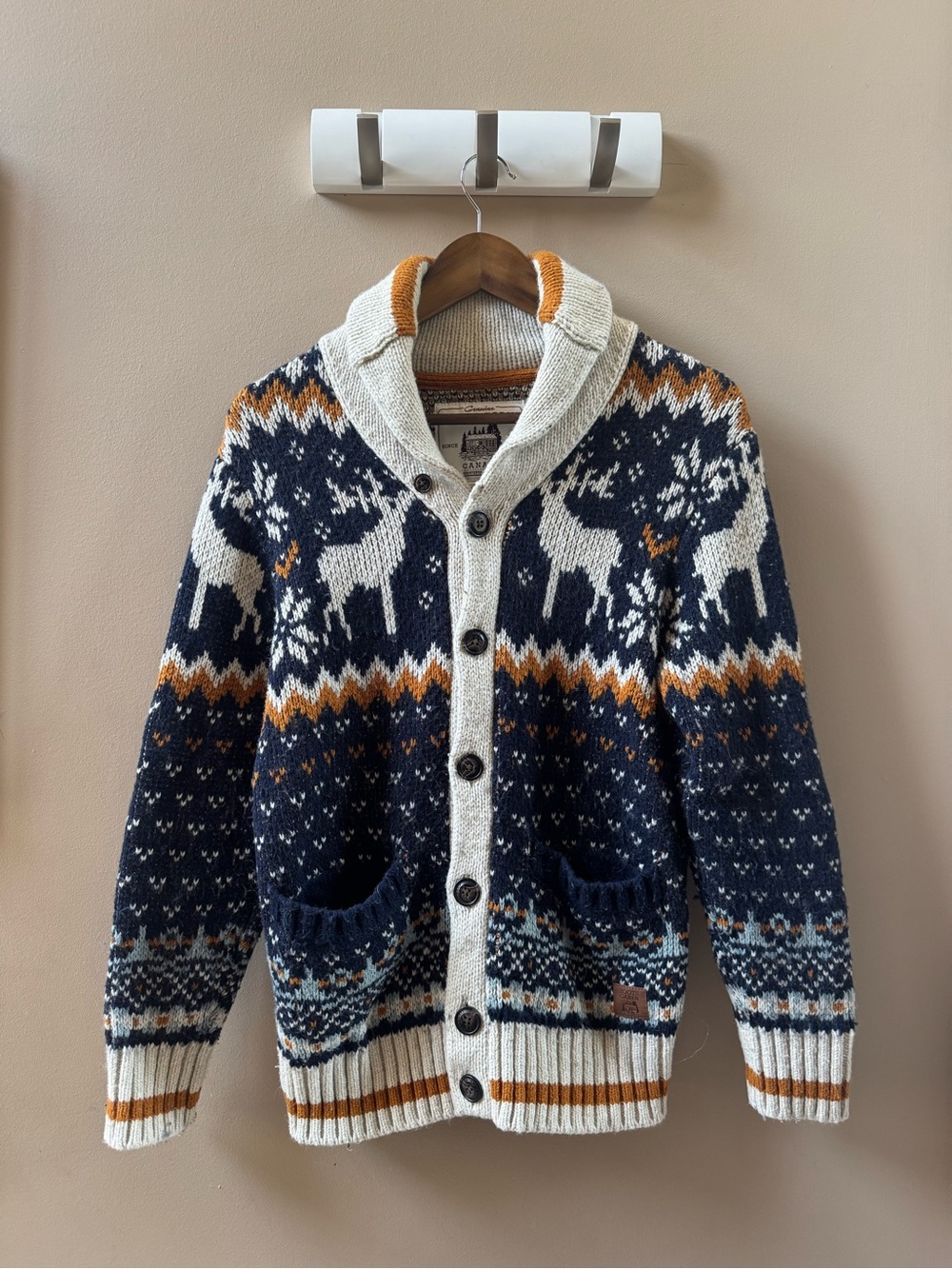 Roots Navy, Cream & Brown Shawl Collar Fair Isle Cardigan